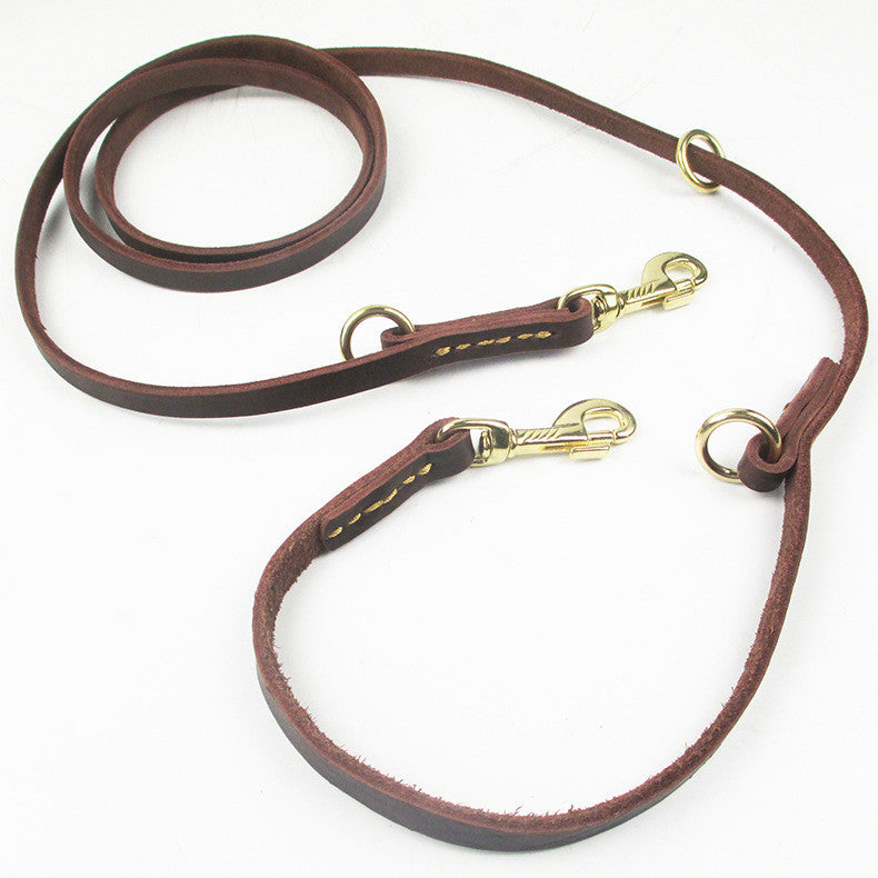 KFX-7231037 Dual Copper Hook Leather Dog Leash - 2.3M Length, Casual Style, Brown