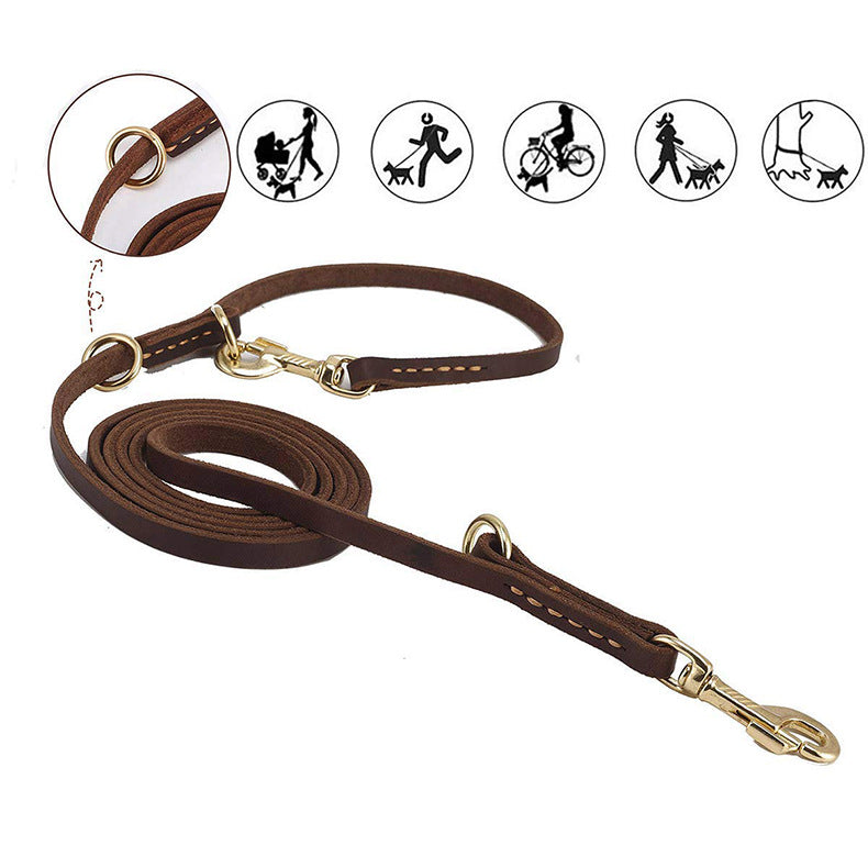 KFX-7231037 Dual Copper Hook Leather Dog Leash - 2.3M Length, Casual Style, Brown