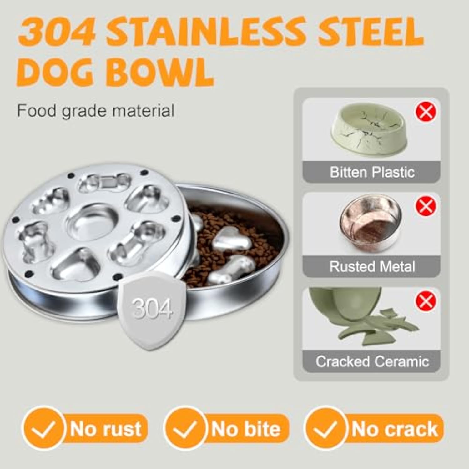 KFX-7232701 Non-Slip Stainless Steel Slow Feeder Dog Bowl with Heart and Bones Design for Small to Large Breeds