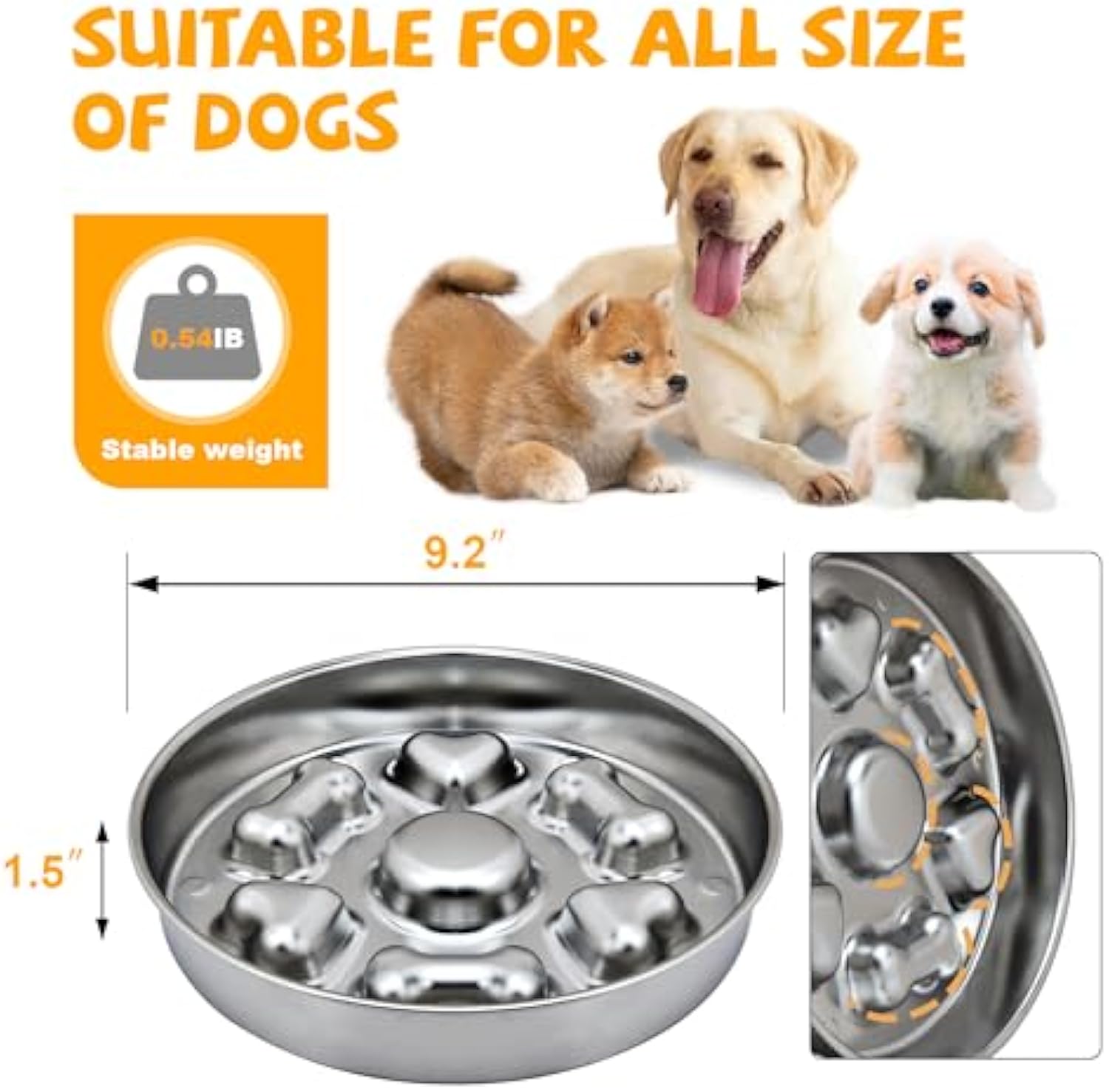 KFX-7232701 Non-Slip Stainless Steel Slow Feeder Dog Bowl with Heart and Bones Design for Small to Large Breeds