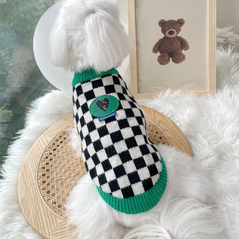 KFX-7235773 Checkered Black and White Sweater for Pets with Green Collar, Polyester Material, Multiple Sizes Available
