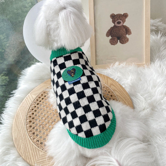 KFX-7235773 Checkered Black and White Sweater for Pets with Green Collar, Polyester Material, Multiple Sizes Available