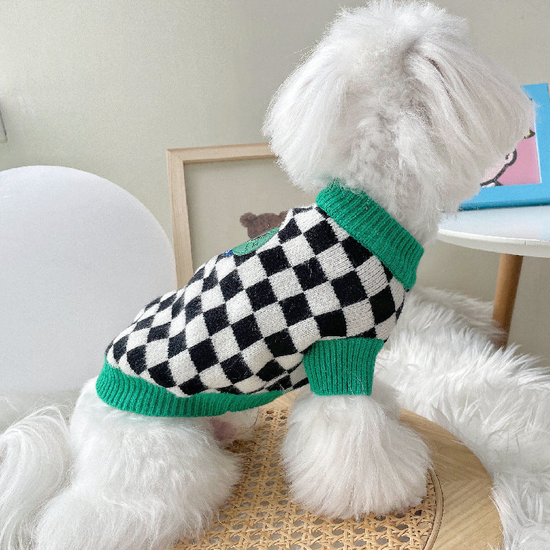 KFX-7235773 Checkered Black and White Sweater for Pets with Green Collar, Polyester Material, Multiple Sizes Available