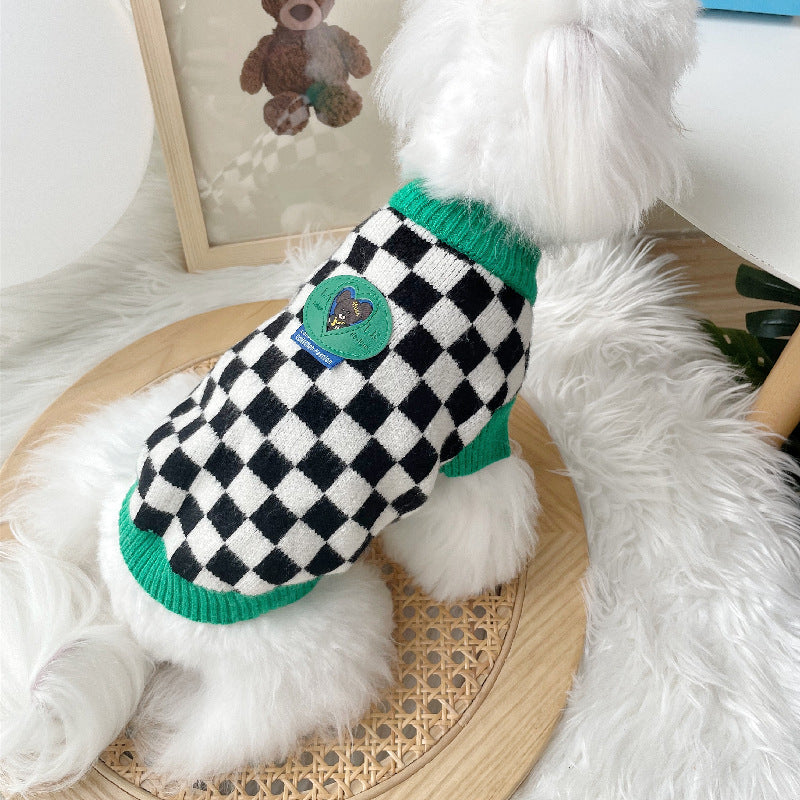 KFX-7235773 Checkered Black and White Sweater for Pets with Green Collar, Polyester Material, Multiple Sizes Available