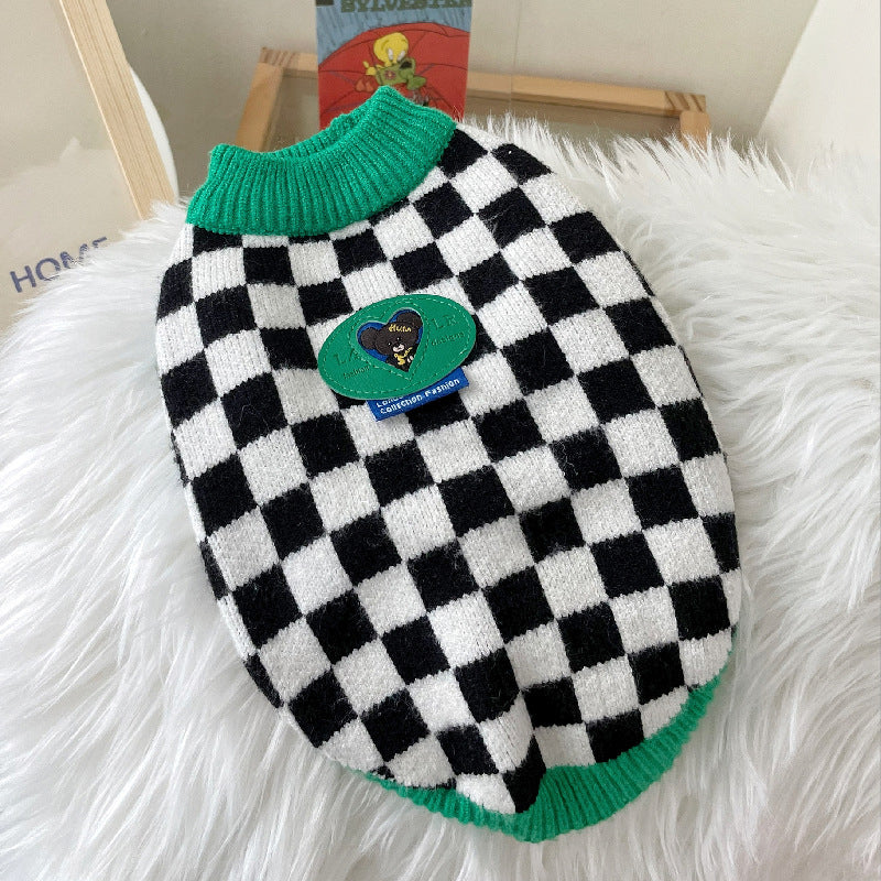 KFX-7235773 Checkered Black and White Sweater for Pets with Green Collar, Polyester Material, Multiple Sizes Available