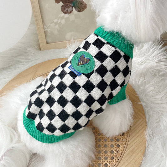 KFX-7235773 Checkered Black and White Sweater for Pets with Green Collar, Polyester Material, Multiple Sizes Available