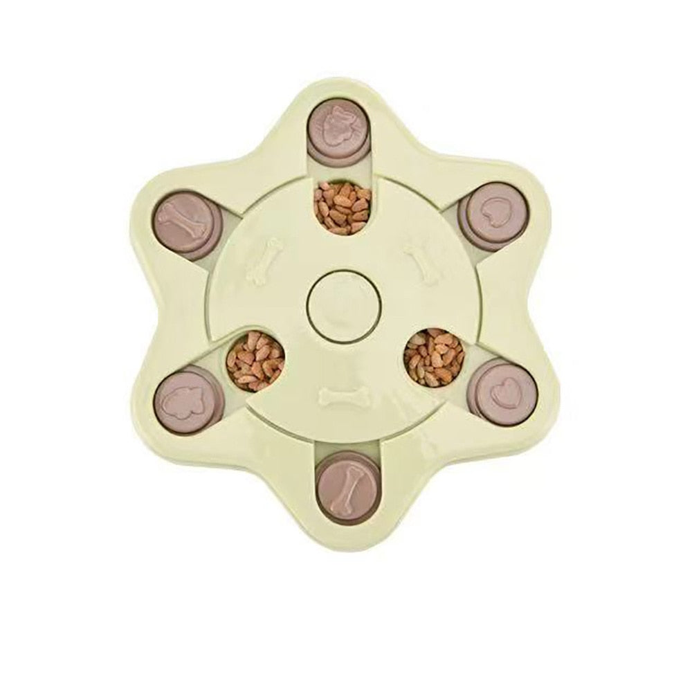 KFX-7237821 Interactive Educational Feeding Toy for Dogs – Engaging Puzzle with Round, Hexagonal, Paw Print Designs in Blue, Green, and Pink