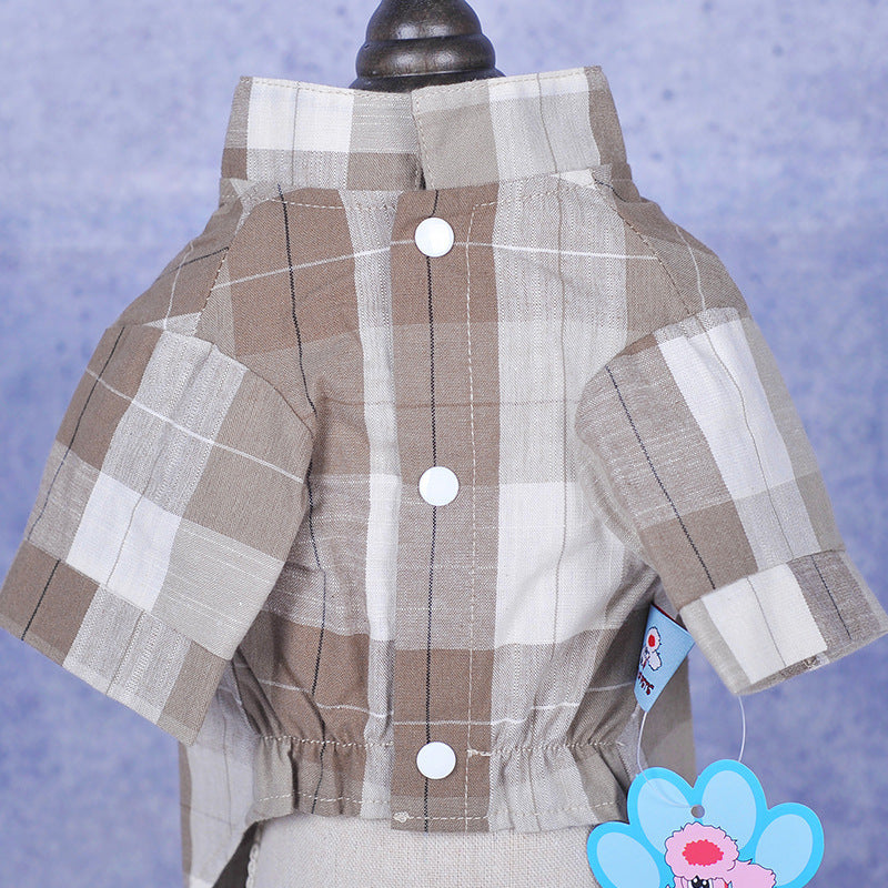 KFX-7239357 Chinese Style Bow Tie Stand Collar Pet Shirt in Blue and Brown Casual Wear