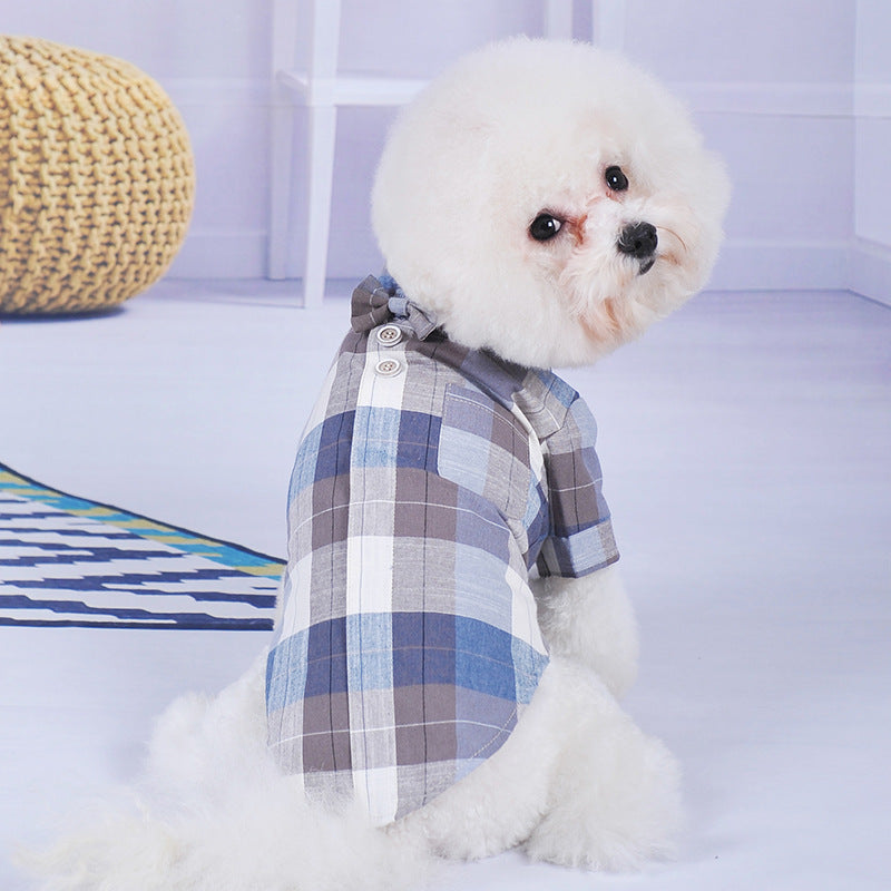 KFX-7239357 Chinese Style Bow Tie Stand Collar Pet Shirt in Blue and Brown Casual Wear