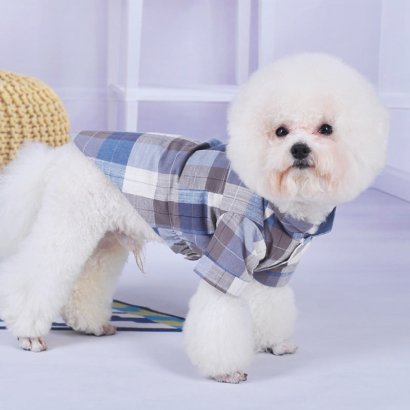 KFX-7239357 Chinese Style Bow Tie Stand Collar Pet Shirt in Blue and Brown Casual Wear