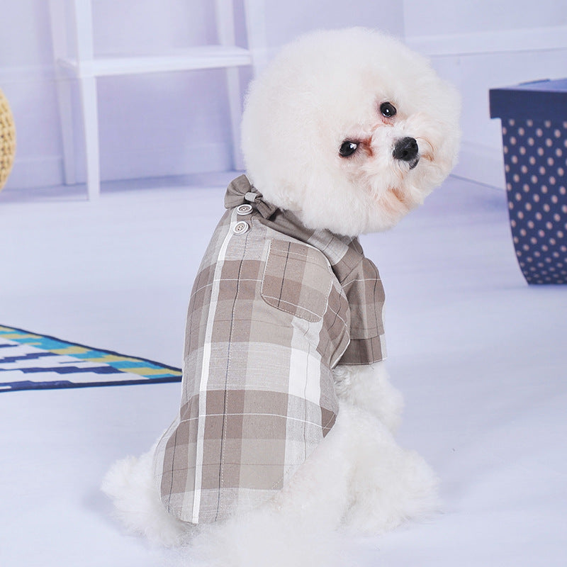 KFX-7239357 Chinese Style Bow Tie Stand Collar Pet Shirt in Blue and Brown Casual Wear