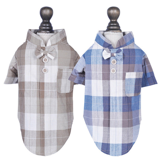 KFX-7239357 Chinese Style Bow Tie Stand Collar Pet Shirt in Blue and Brown Casual Wear