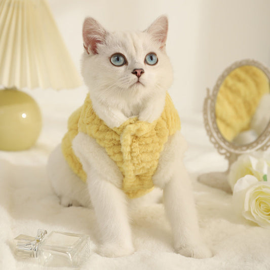 KFX-7241405 Warm Fleece-Lined Cat Clothing in Pink and Yellow Velvet, Sizes S to XL