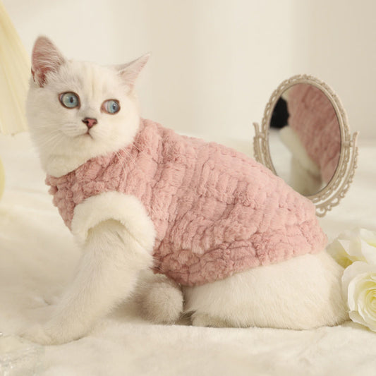 KFX-7241405 Warm Fleece-Lined Cat Clothing in Pink and Yellow Velvet, Sizes S to XL