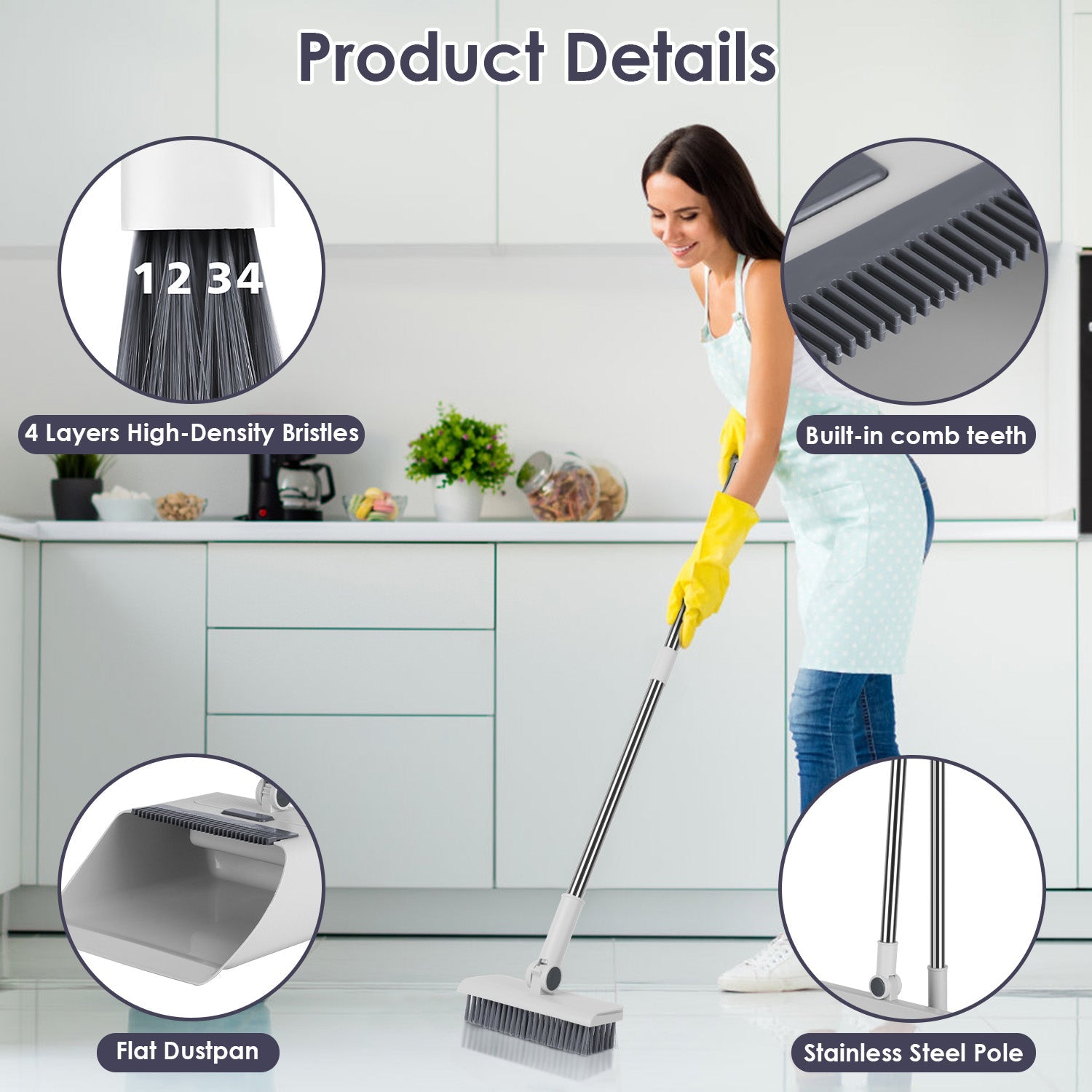 KFX-7248189 4-in-1 Broom and Dustpan Set with Adjustable Stainless Steel Handle for Indoor and Outdoor Cleaning