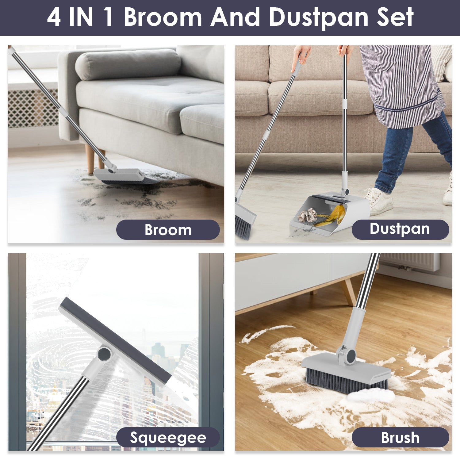 KFX-7248189 4-in-1 Broom and Dustpan Set with Adjustable Stainless Steel Handle for Indoor and Outdoor Cleaning