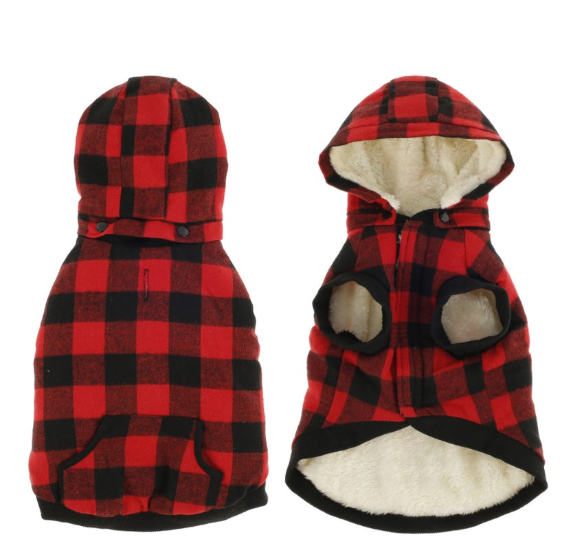 KFX-7283645 Warm Autumn & Winter Plaid Detachable Hat Pet Dog Jacket