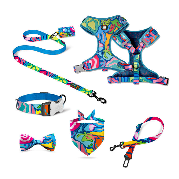 KFX-7284541 Pet Supplies Pink Sunflower Four-Piece Pet Chain Set with Collar, Harness, Leash, and Bin Bag