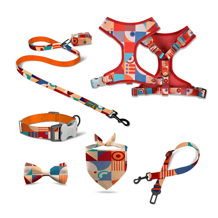 KFX-7284541 Pet Supplies Pink Sunflower Four-Piece Pet Chain Set with Collar, Harness, Leash, and Bin Bag