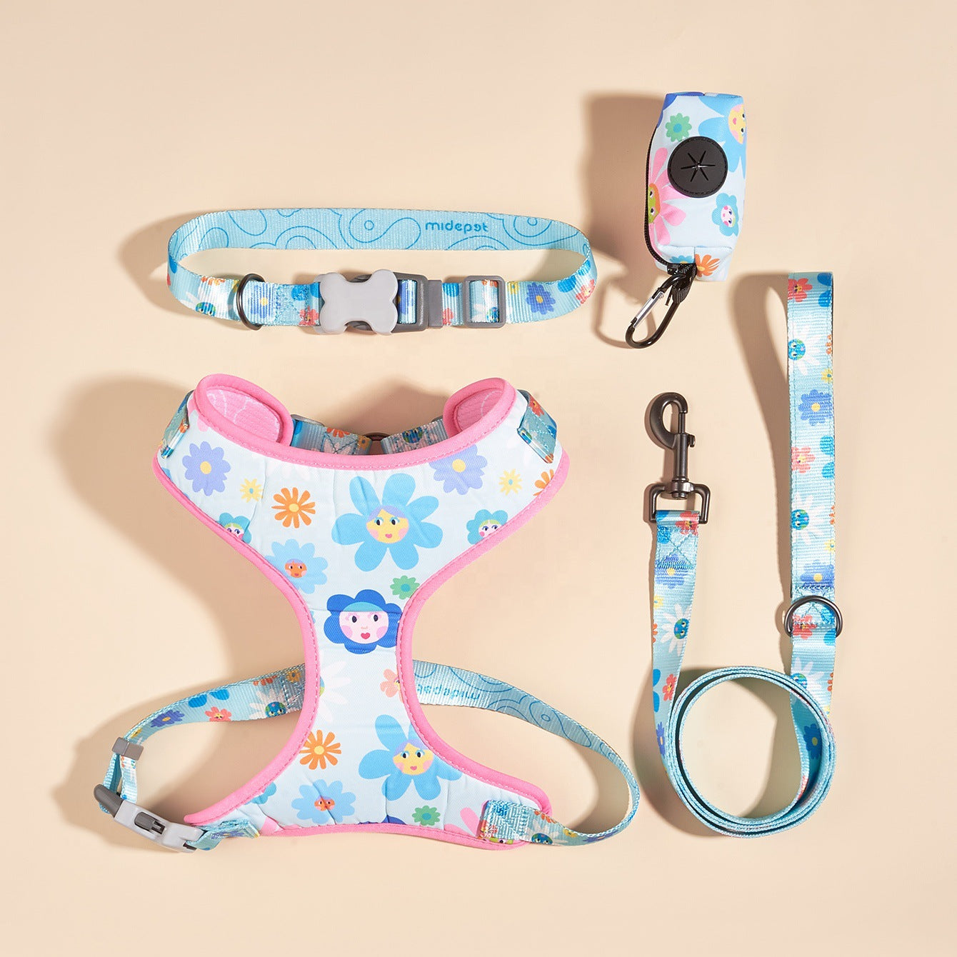 KFX-7284541 Pet Supplies Pink Sunflower Four-Piece Pet Chain Set with Collar, Harness, Leash, and Bin Bag