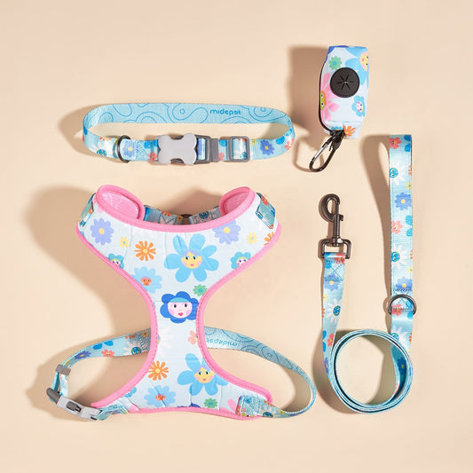 KFX-7284541 Pet Supplies Pink Sunflower Four-Piece Pet Chain Set with Collar, Harness, Leash, and Bin Bag