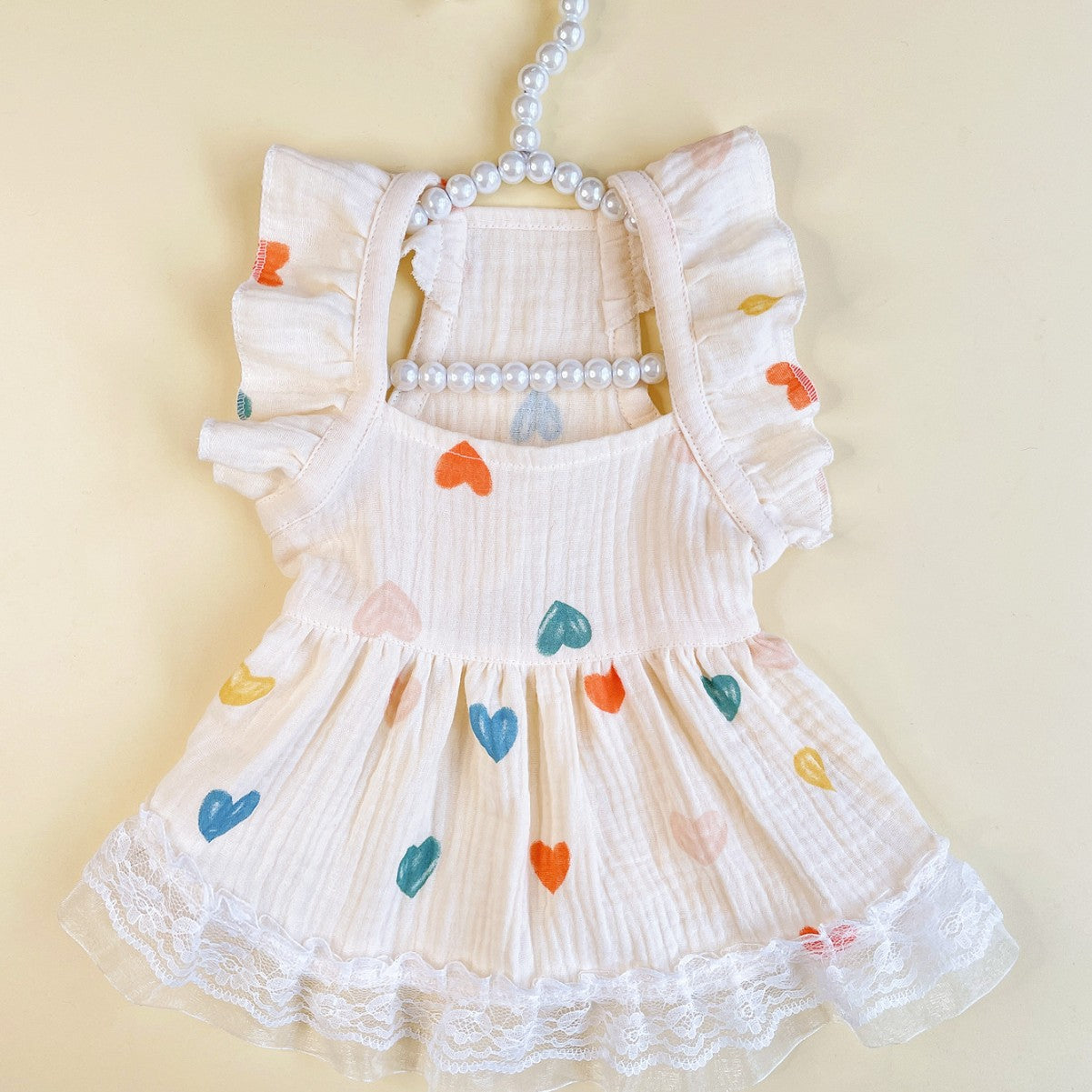 KFX-7291581 Light Yellow Baby Cotton Yarn Dress with Love Heart Design and Flying Sleeves, Casual Style, Sizes XS-XXL