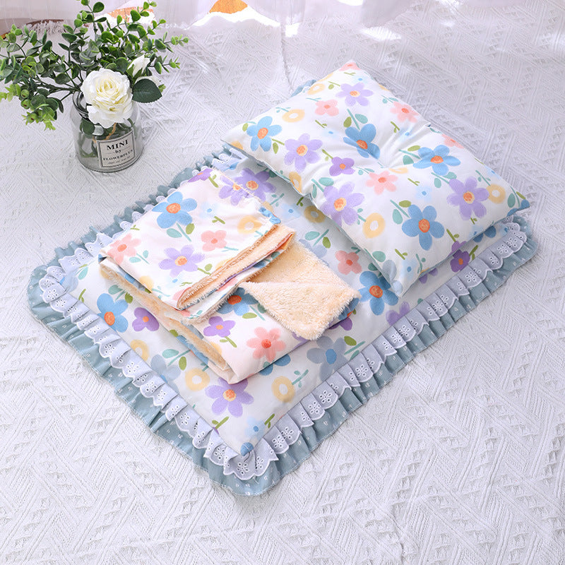 KFX-7292861 Cozy Three-Piece Cat Mattress and Blanket Set for Pets - Soft Cotton Bed with Stylish Patterns