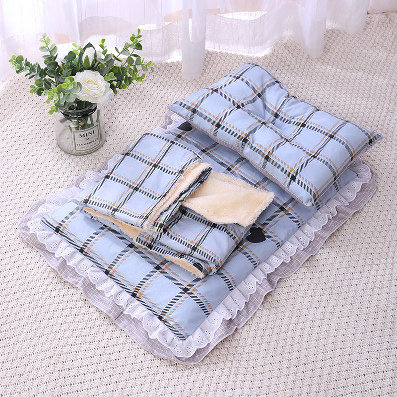 KFX-7292861 Cozy Three-Piece Cat Mattress and Blanket Set for Pets - Soft Cotton Bed with Stylish Patterns