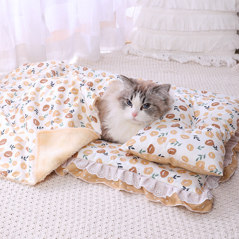 KFX-7292861 Cozy Three-Piece Cat Mattress and Blanket Set for Pets - Soft Cotton Bed with Stylish Patterns