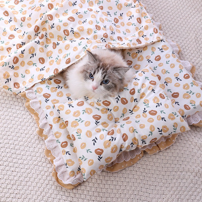 KFX-7292861 Cozy Three-Piece Cat Mattress and Blanket Set for Pets - Soft Cotton Bed with Stylish Patterns