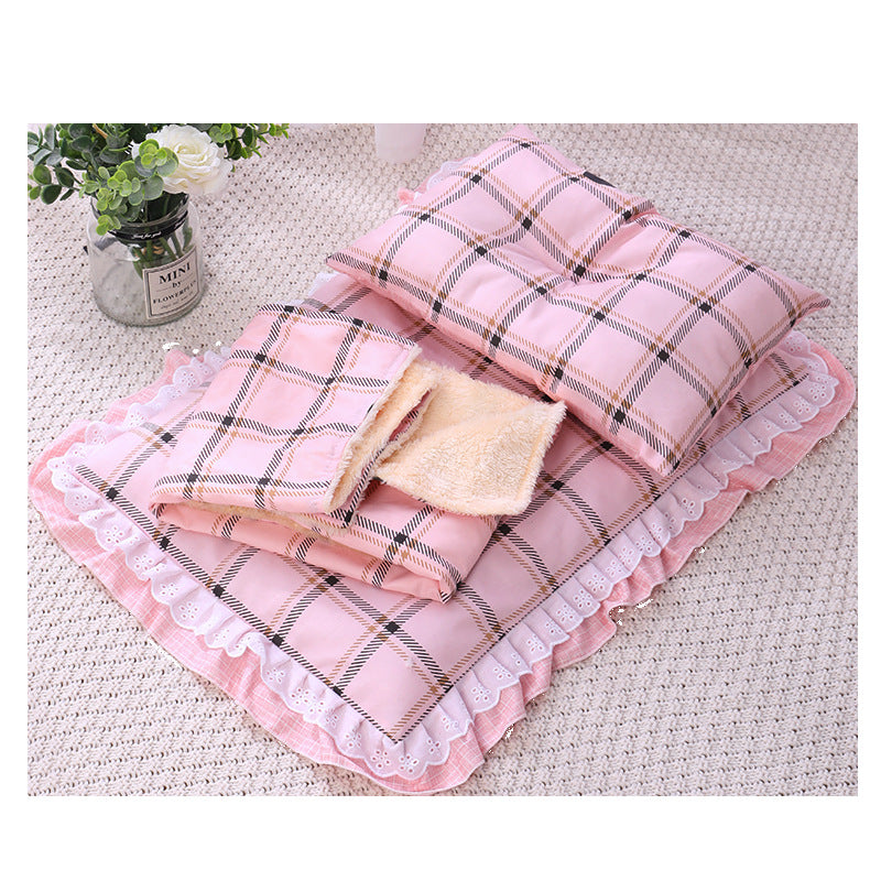 KFX-7292861 Cozy Three-Piece Cat Mattress and Blanket Set for Pets - Soft Cotton Bed with Stylish Patterns