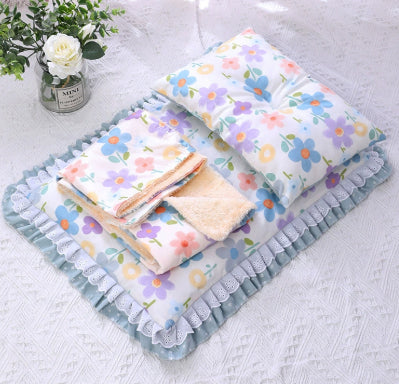 KFX-7292861 Cozy Three-Piece Cat Mattress and Blanket Set for Pets - Soft Cotton Bed with Stylish Patterns