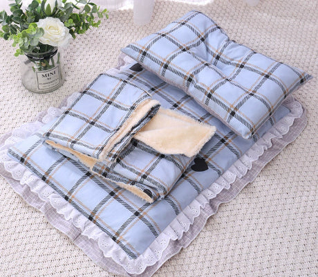 KFX-7292861 Cozy Three-Piece Cat Mattress and Blanket Set for Pets - Soft Cotton Bed with Stylish Patterns