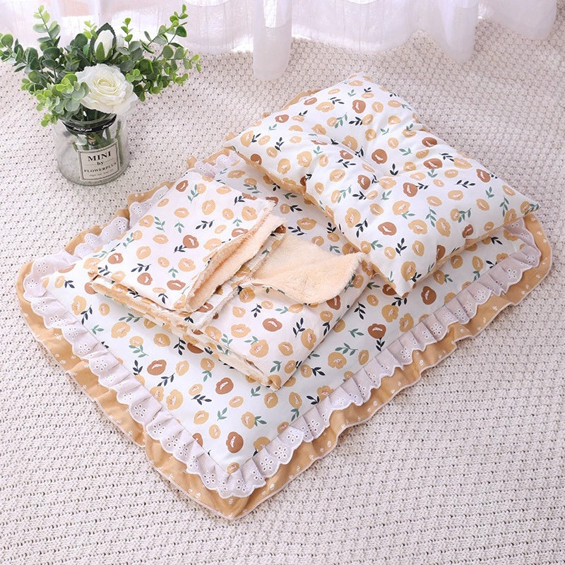 KFX-7292861 Cozy Three-Piece Cat Mattress and Blanket Set for Pets - Soft Cotton Bed with Stylish Patterns
