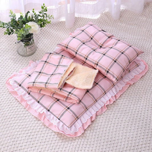 KFX-7292861 Cozy Three-Piece Cat Mattress and Blanket Set for Pets - Soft Cotton Bed with Stylish Patterns