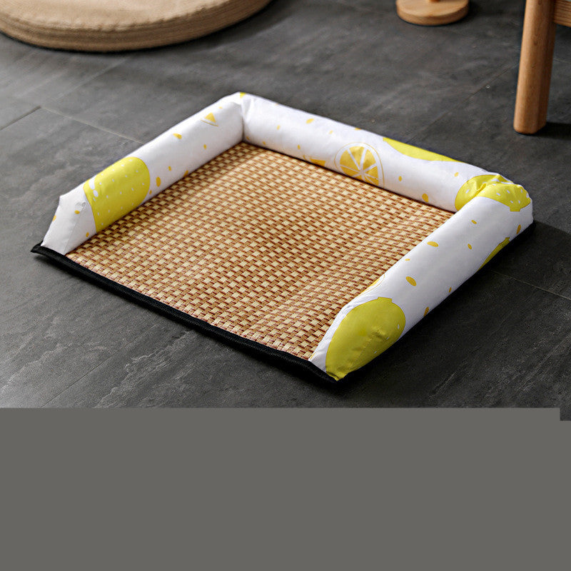 KFX-7295037 Summer Pet Nest and Cooling Mat - Double-Sided Lemon & Dinosaur Designs, Available in S, M, L