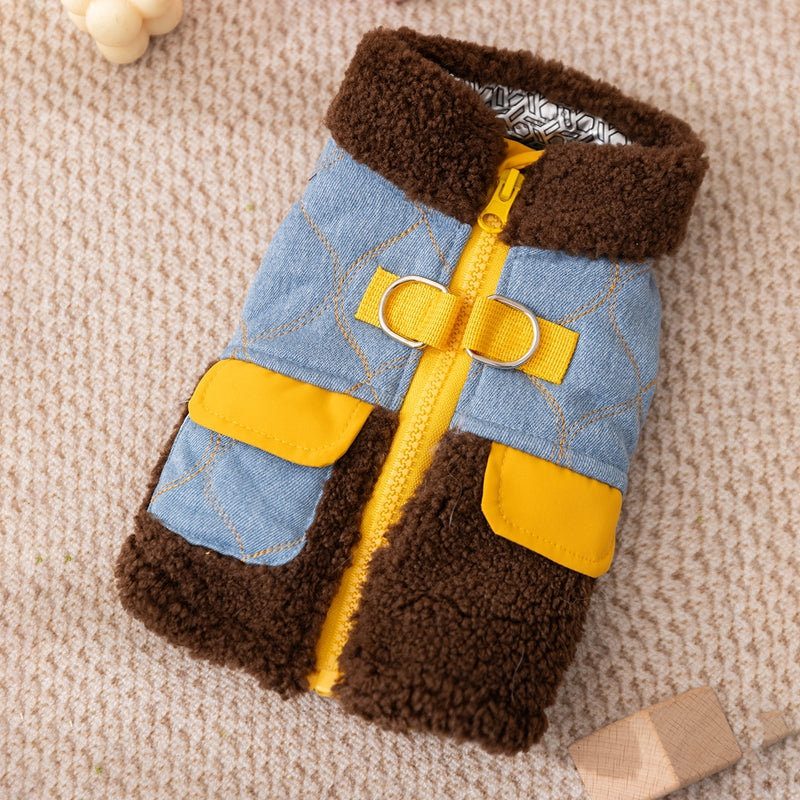 KFX-7295549 Quilted Denim Color-Blocking Vests with Sherpa Lining for Cats and Small Dogs