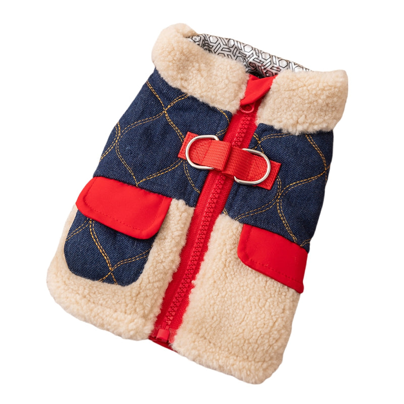 KFX-7295549 Quilted Denim Color-Blocking Vests with Sherpa Lining for Cats and Small Dogs