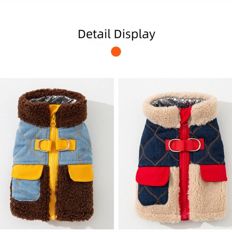 KFX-7295549 Quilted Denim Color-Blocking Vests with Sherpa Lining for Cats and Small Dogs