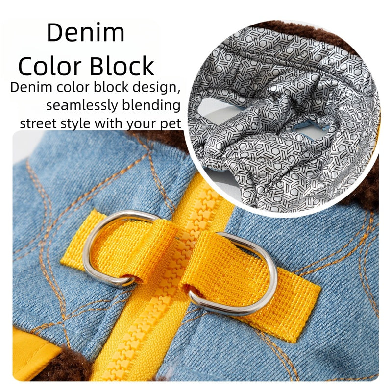 KFX-7295549 Quilted Denim Color-Blocking Vests with Sherpa Lining for Cats and Small Dogs