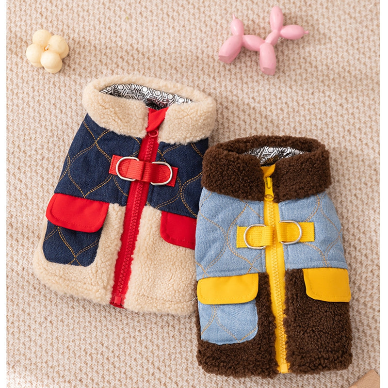 KFX-7295549 Quilted Denim Color-Blocking Vests with Sherpa Lining for Cats and Small Dogs
