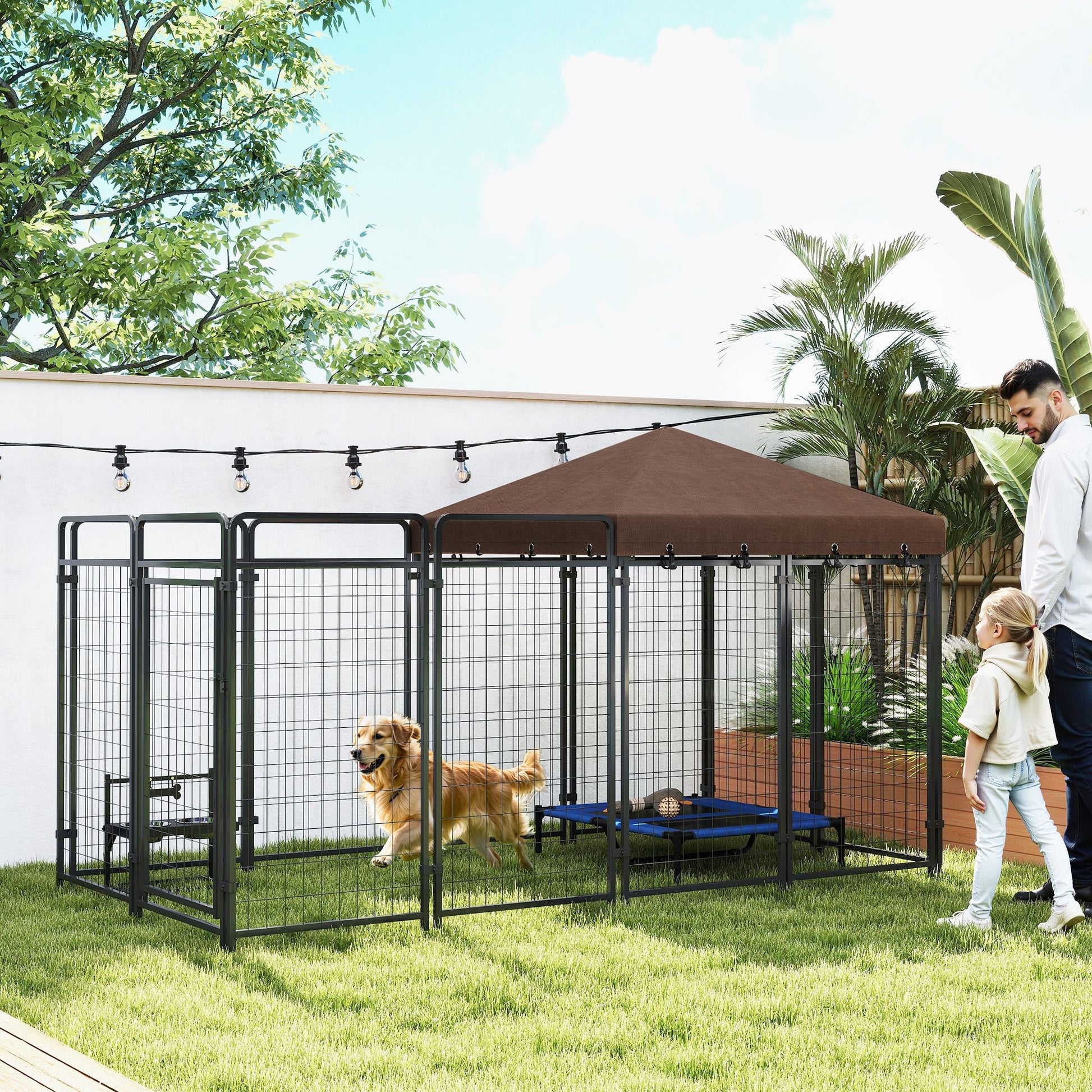 KFX-7300413 Outdoor Dog Kennel with Waterproof Canopy for Medium to Large Dogs - Heavy-Duty Steel Construction