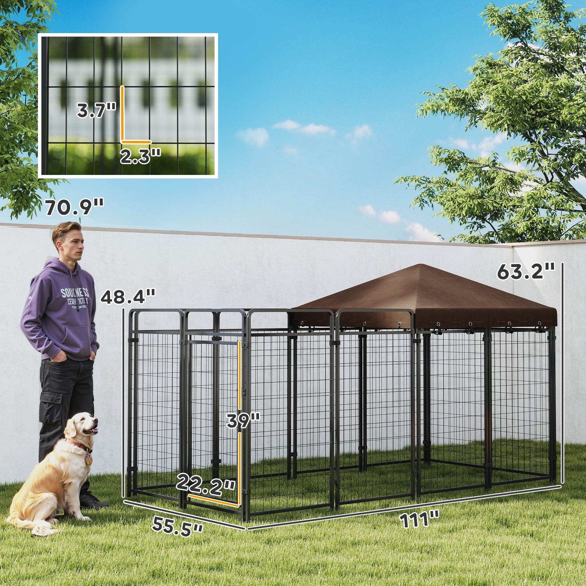 KFX-7300413 Outdoor Dog Kennel with Waterproof Canopy for Medium to Large Dogs - Heavy-Duty Steel Construction