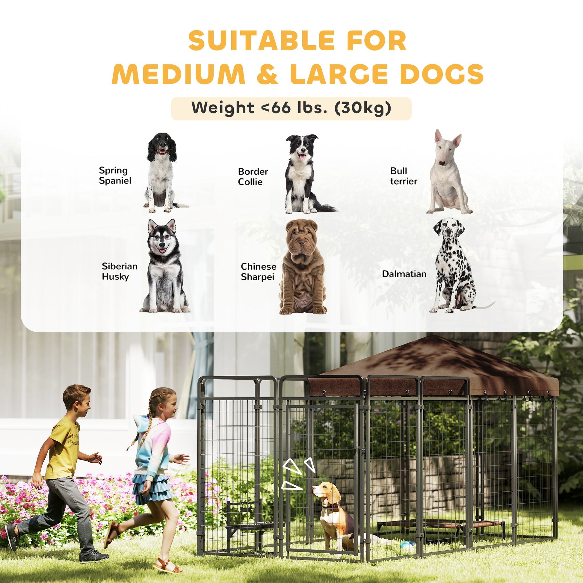 KFX-7300413 Outdoor Dog Kennel with Waterproof Canopy for Medium to Large Dogs - Heavy-Duty Steel Construction