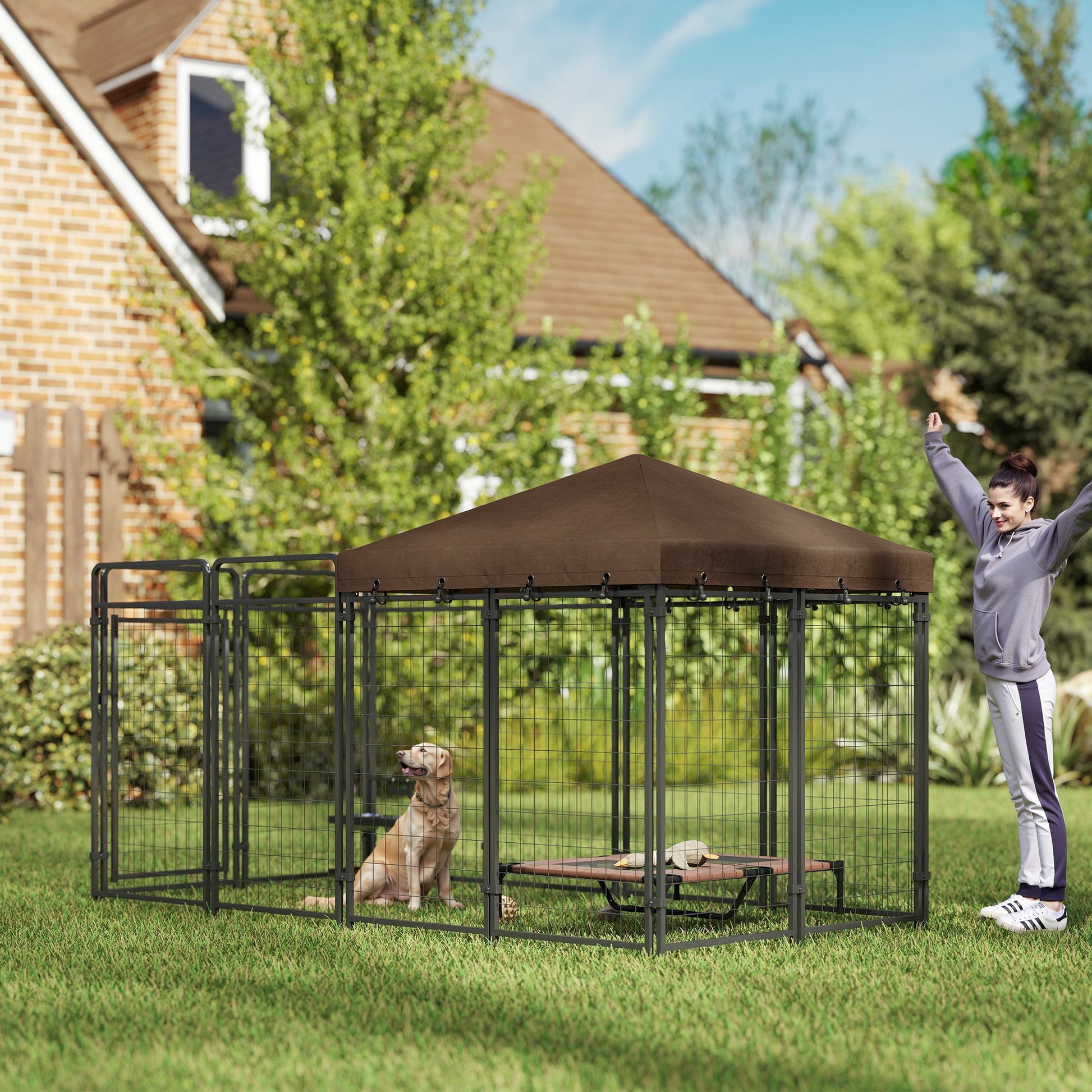 KFX-7300413 Outdoor Dog Kennel with Waterproof Canopy for Medium to Large Dogs - Heavy-Duty Steel Construction