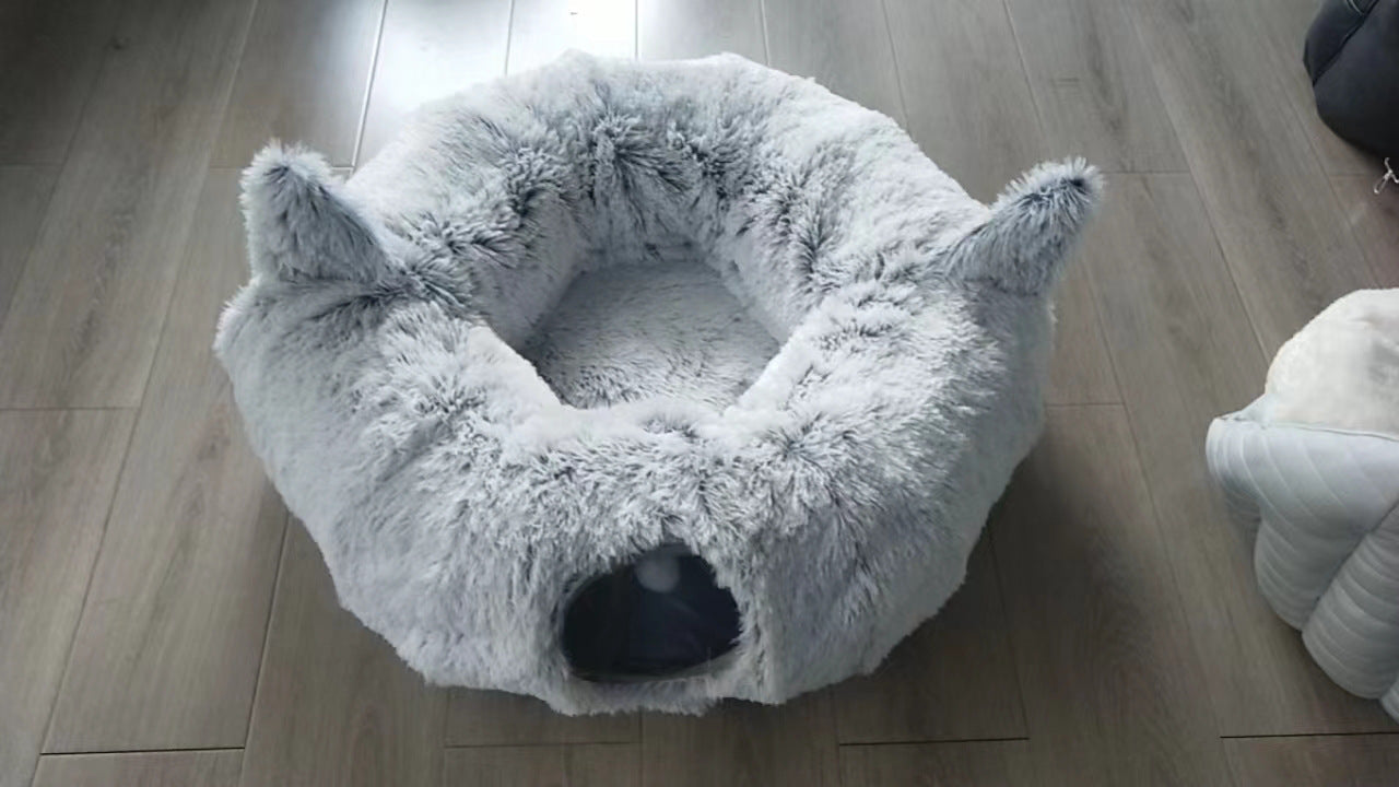 KFX-7301821 Cozy Foldable Cat Tunnel Bed with Plush Fabric and Warm Lining for Cats and Small Dogs