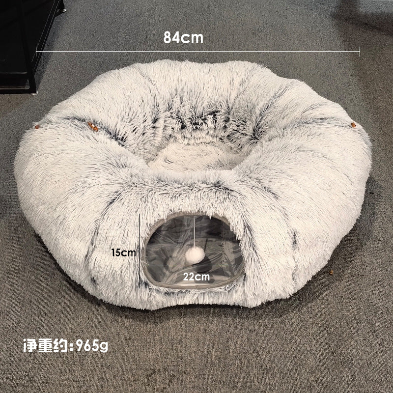 KFX-7301821 Cozy Foldable Cat Tunnel Bed with Plush Fabric and Warm Lining for Cats and Small Dogs