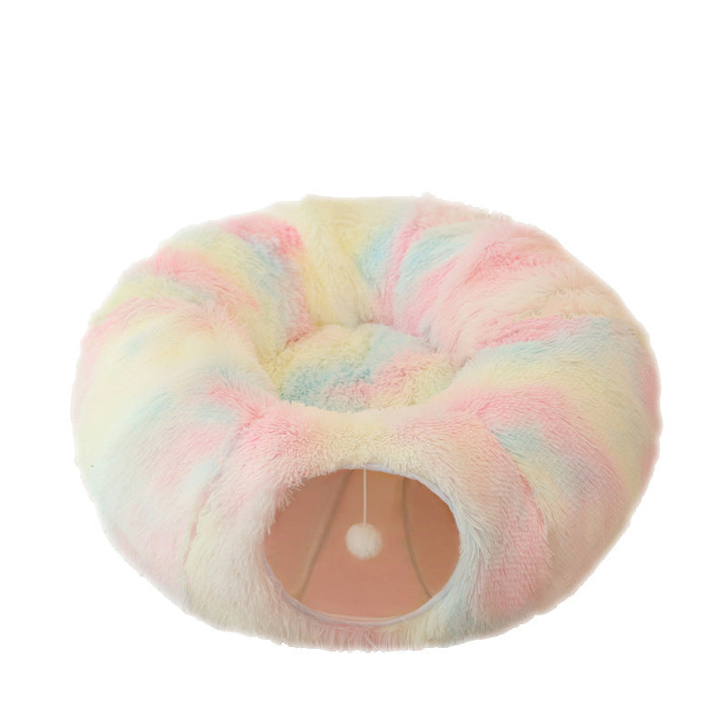 KFX-7301821 Cozy Foldable Cat Tunnel Bed with Plush Fabric and Warm Lining for Cats and Small Dogs