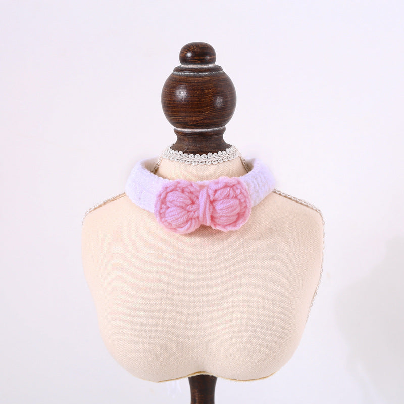 KFX-7304509 Hand Knitted Wool Cherry Flower Bow Adjustable Pet Collar for Cats and Dogs