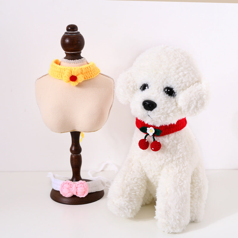 KFX-7304509 Hand Knitted Wool Cherry Flower Bow Adjustable Pet Collar for Cats and Dogs